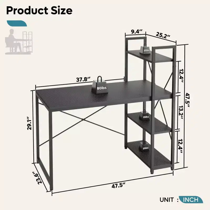 47inch Computer Desks with Reversible Bookshelf, Standing Writing Desk for Home Office/Studying/Gaming