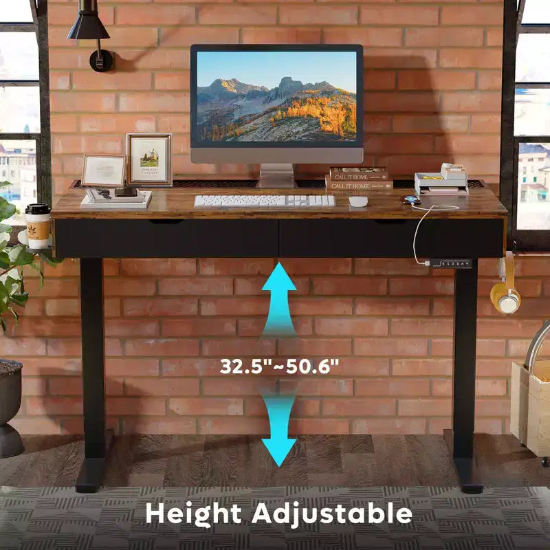 Bestier 47 x 24 Inch Electric Standing Desk with Double Drawers and LED Light for Home Office, Height Adjustable Desk, Computer Desk