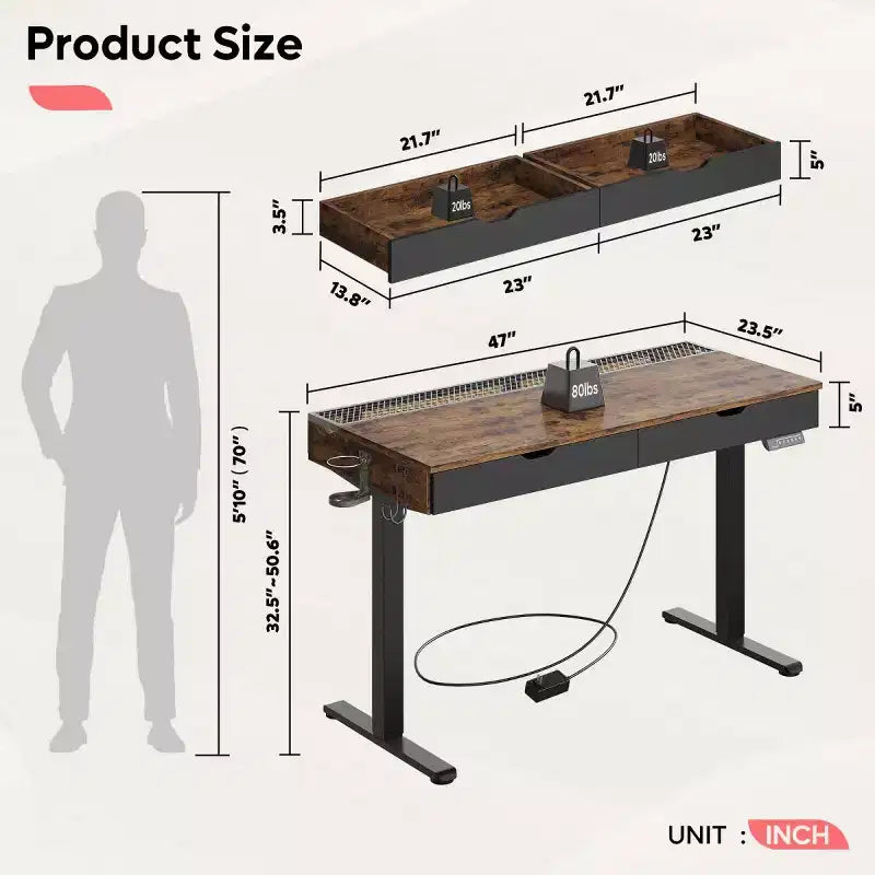 Bestier 47 x 24 Inch Electric Standing Desk with Double Drawers and LED Light for Home Office, Height Adjustable Desk, Computer Desk