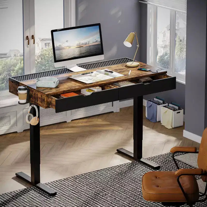 Bestier 47 x 24 Inch Electric Standing Desk with Double Drawers and LED Light for Home Office, Height Adjustable Desk, Computer Desk