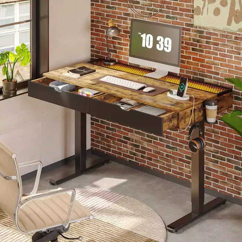 Bestier 47 x 24 Inch Electric Standing Desk with Double Drawers and LED Light for Home Office, Height Adjustable Desk, Computer Desk