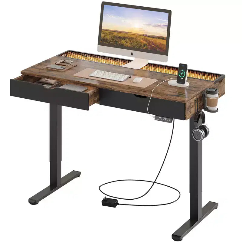 Bestier 47 x 24 Inch Electric Standing Desk with Double Drawers and LED Light for Home Office, Height Adjustable Desk, Computer Desk