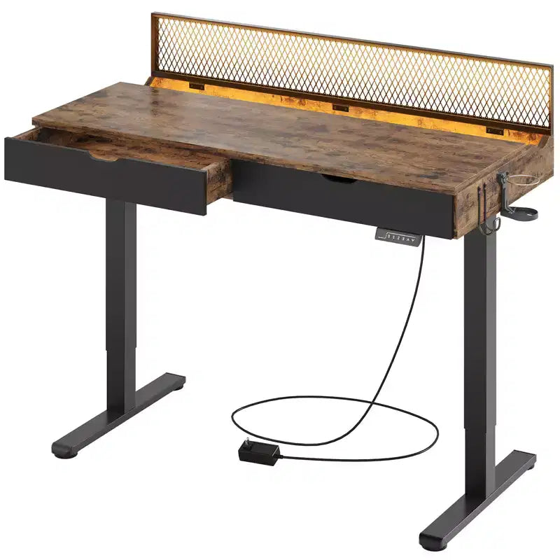 Bestier 47 x 24 Inch Electric Standing Desk with Double Drawers and LED Light for Home Office, Height Adjustable Desk, Computer Desk