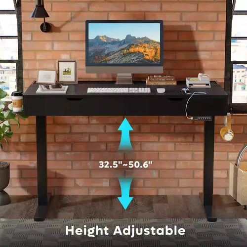 Bureau électrique debout 47 x 24 pouces avec deux tiroirs et lumière LED pour bureau à domicile, bureau réglable en hauteur, bureau d'ordinateur