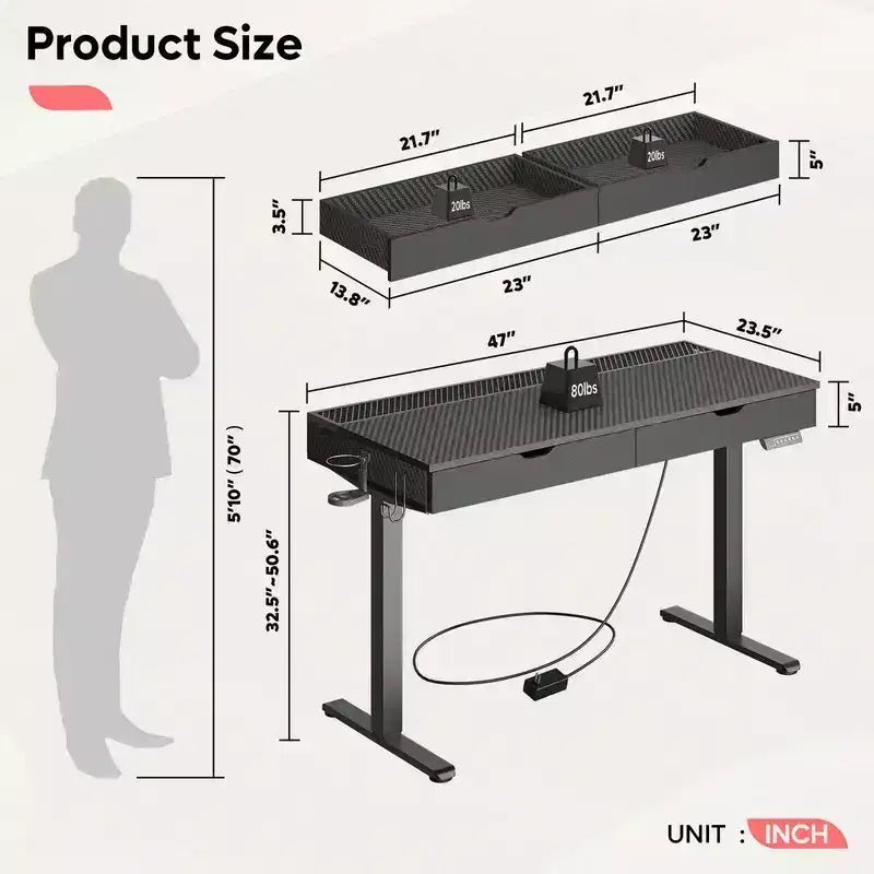Bestier 47 x 24 Inch Electric Standing Desk with Double Drawers and LED Light for Home Office, Height Adjustable Desk, Computer Desk