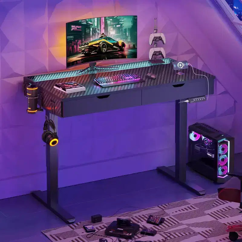 Bestier 47 x 24 Inch Electric Standing Desk with Double Drawers and LED Light for Home Office, Height Adjustable Desk, Computer Desk
