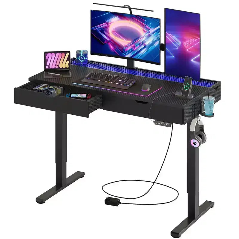 Bestier 47 x 24 Inch Electric Standing Desk with Double Drawers and LED Light for Home Office, Height Adjustable Desk, Computer Desk