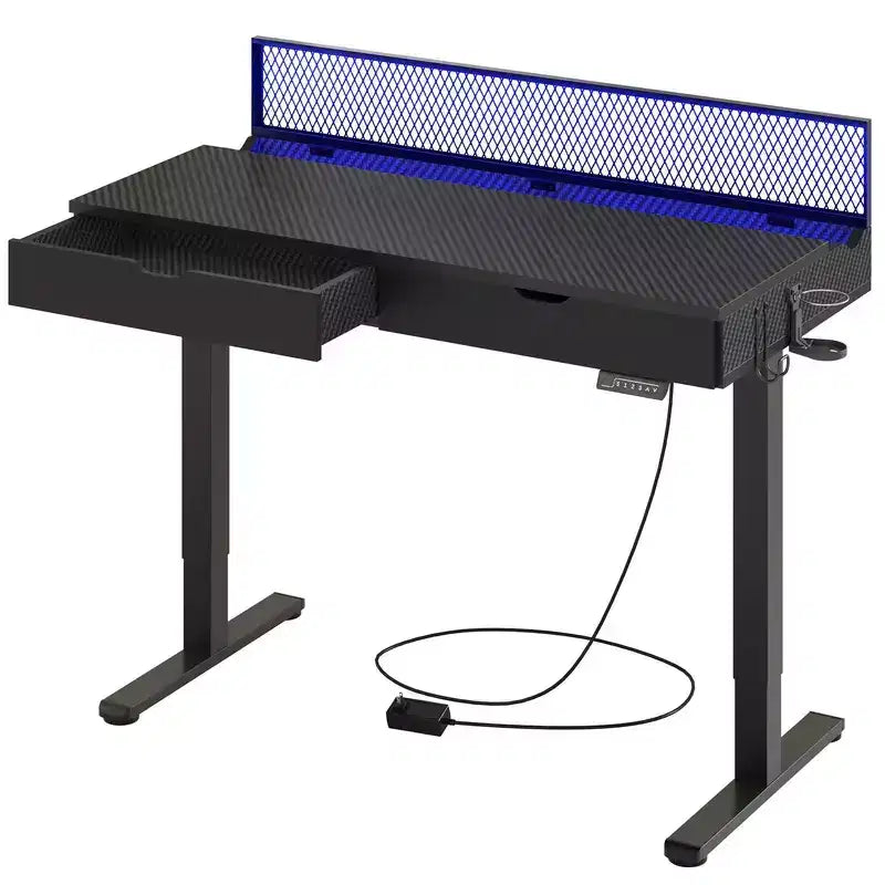 Bestier 47 x 24 Inch Electric Standing Desk with Double Drawers and LED Light for Home Office, Height Adjustable Desk, Computer Desk