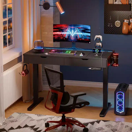 Bestier 47 x 24 Inch Electric Standing Desk with Double Drawers and LED Light for Home Office, Height Adjustable Desk, Computer Desk