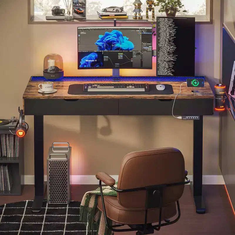 Bestier 47 x 24 Inch Electric Standing Desk with Double Drawers and LED Light for Home Office, Height Adjustable Desk, Computer Desk