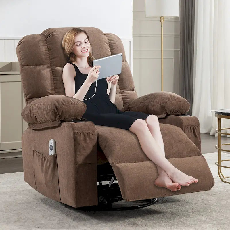 Fauteuil inclinable gris surdimensionné avec fonctions de chauffage et de massage, inclinaison à 150°, bascule à 30°, port USB pour la recharge et 2 porte-gobelets