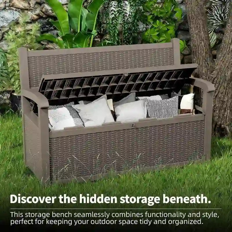 Banc de rangement en résine tout temps avec compartiment caché verrouillable - Aspect rotin, capacité de 227 kg, rangement de 265 litres