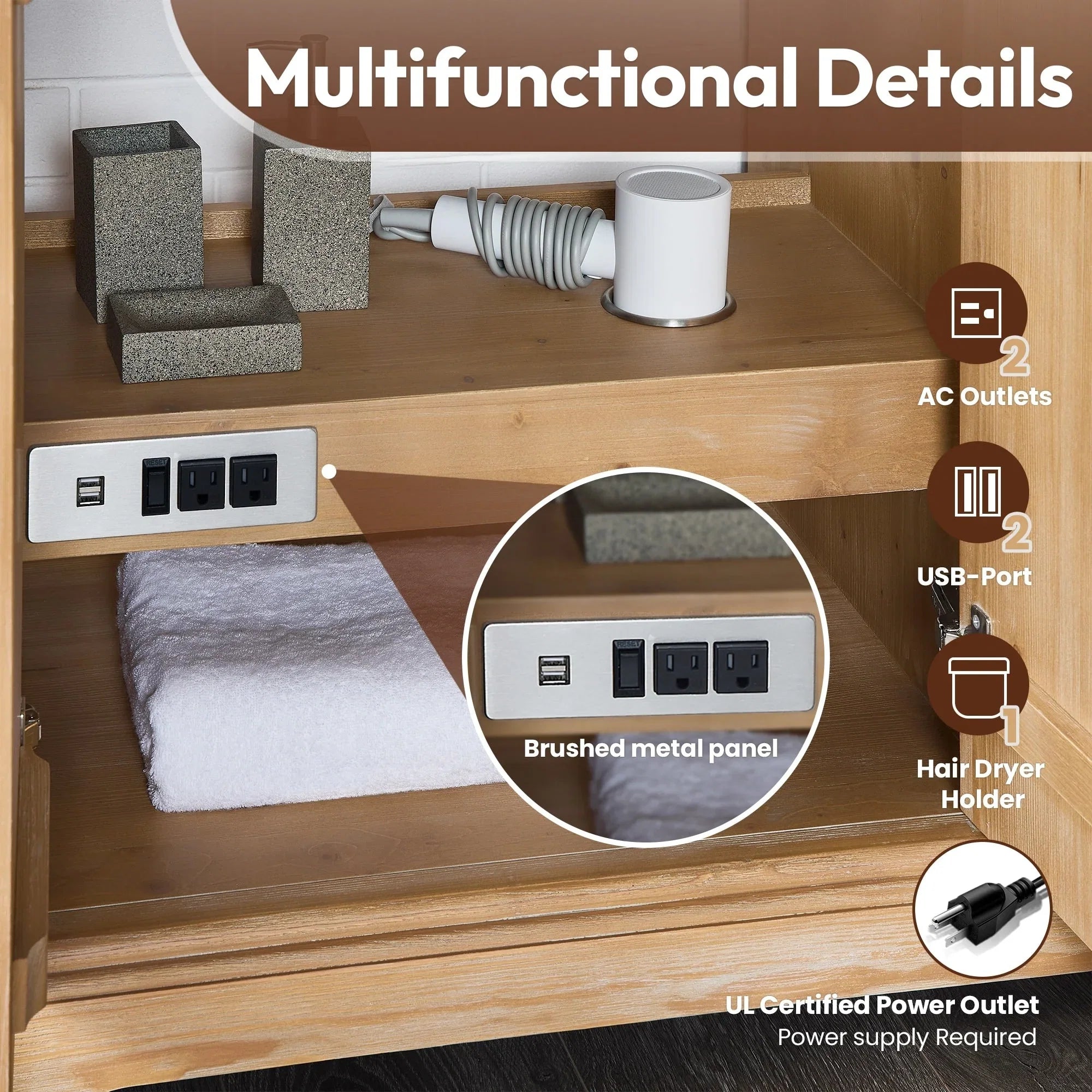 Meuble sous-vasque Hervas avec plateau en marbre naturel, sans miroir