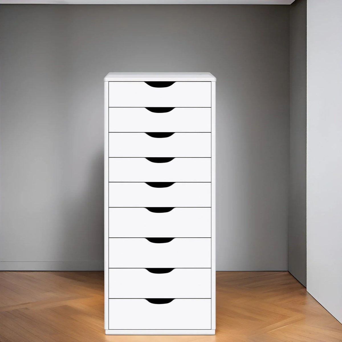 Étroite commode en bois à 9 tiroirs coulissants et étagère de rangement supérieure