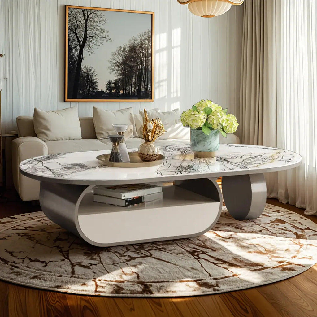Table basse ovale contemporaine unique avec plateau en marbre et tiroir
