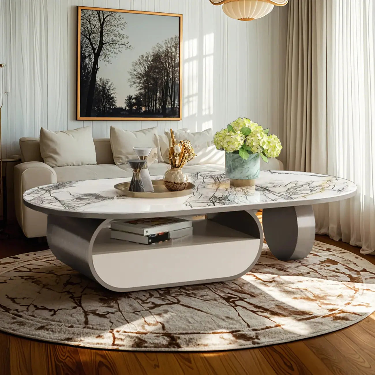 Table basse ovale contemporaine unique avec plateau en marbre et tiroir