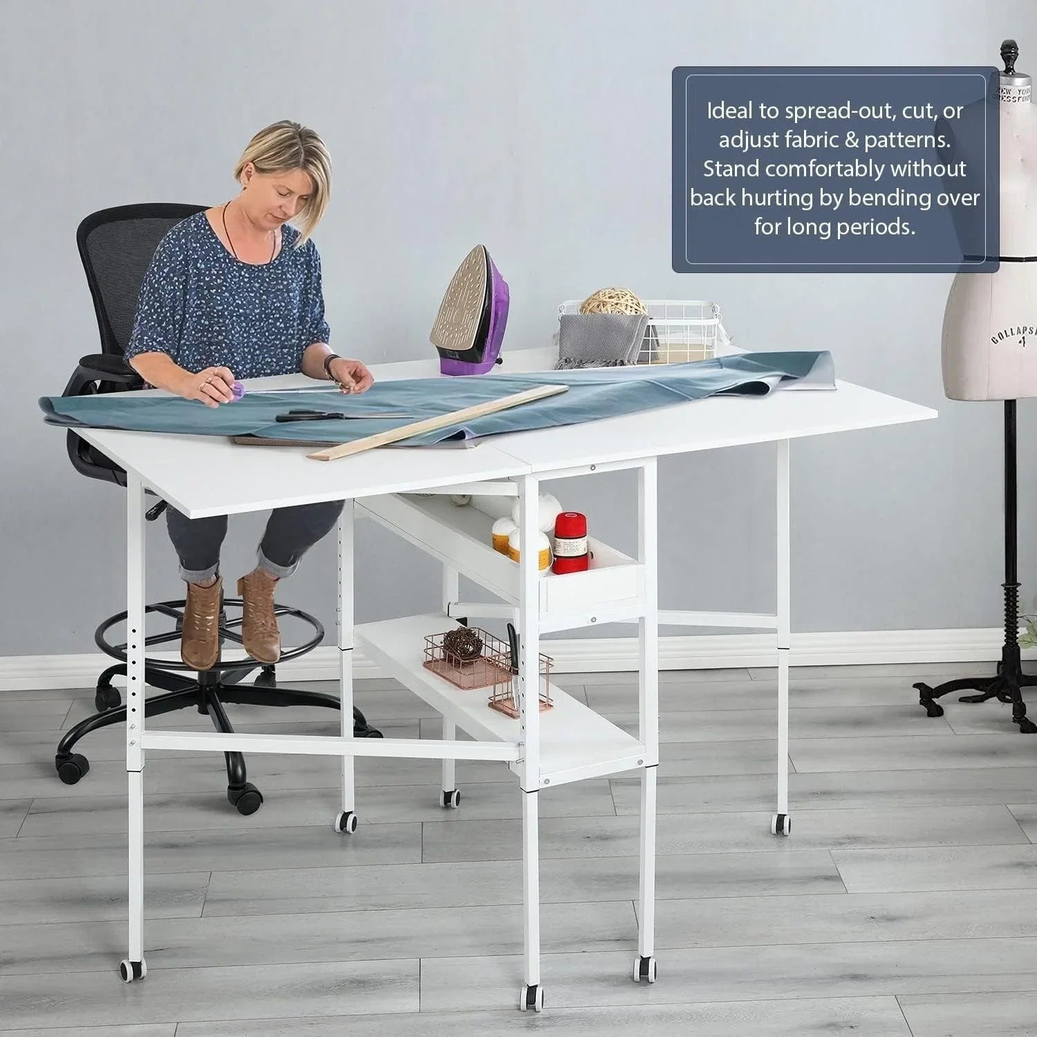 Table artisanale réglable en hauteur avec étagères de rangement, table de coupe pliante mobile pour bureau à domicile, salle de couture, salle d'artisanat