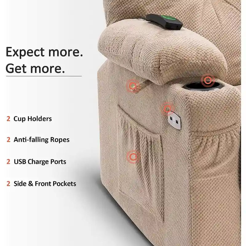 Fauteuil inclinable, pivotant et coulissant électrique avec porte-gobelets et ports USB, en tissu, une place