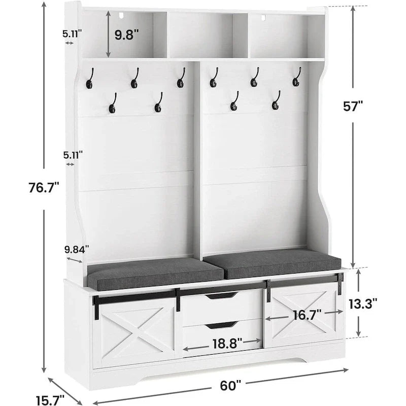 Meuble d'entrée avec banc, rangement à chaussures et patères porte-manteaux, style porte de grange
