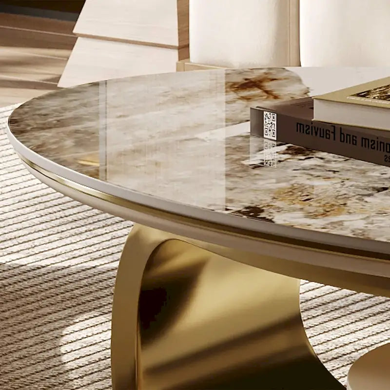 Table basse ovale moderne Pandora 51 avec plateau en pierre frittée brillante, table basse de luxe, pieds en acier inoxydable pour salon