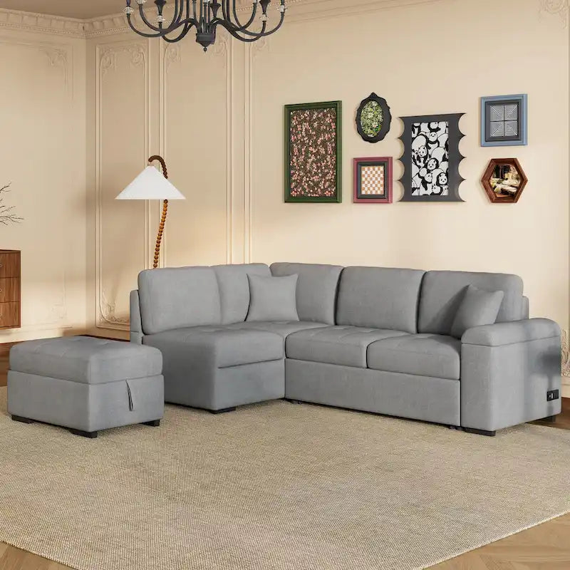 Canapé d'angle convertible 5 places en L 84,75 po avec pouf de rangement, rangement de bras dissimulé et chargement USB pour salon