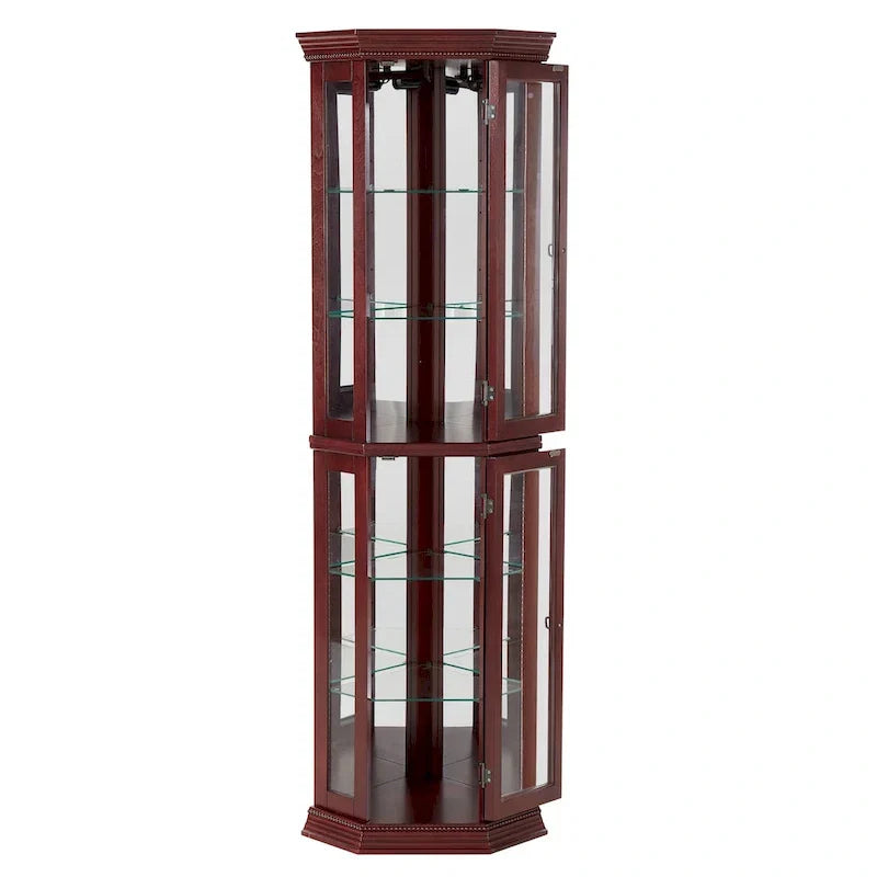 Vitrine d'angle avec éclairage, étagères réglables en verre trempé, fond miroir, meuble vitrine