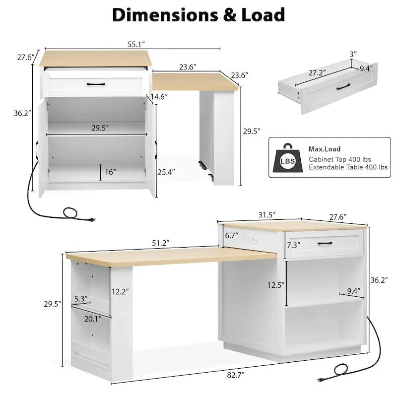Îlot de cuisine en bois de 210 cm pour 4 à 6 personnes avec table à manger extensible et rangement double.
