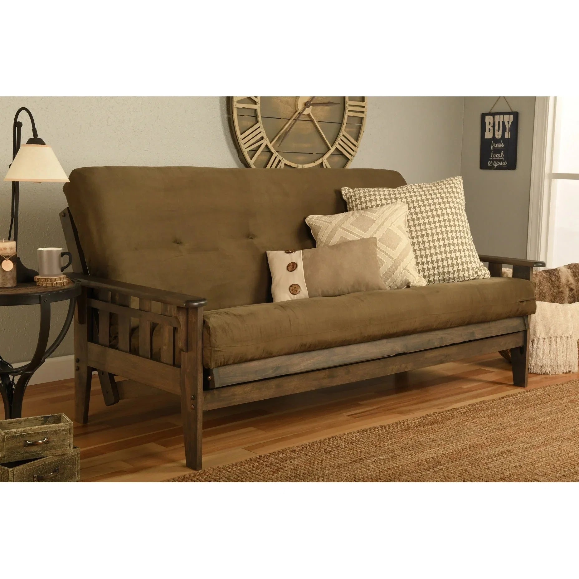 Ensemble futon rustique en noyer grand format avec matelas