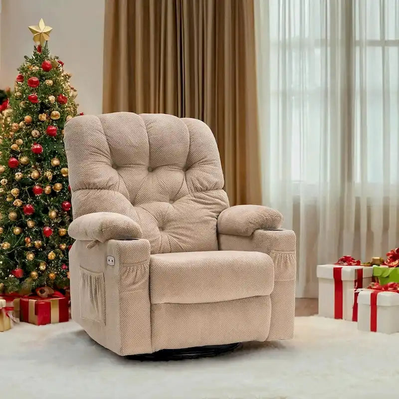 Fauteuil inclinable, pivotant et coulissant électrique avec porte-gobelets et ports USB, en tissu, une place