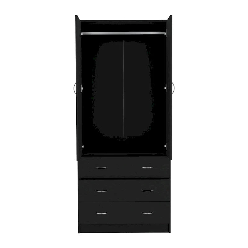 19 Armoire moderne à deux portes avec 3 tiroirs et 1 tringle de penderie pour chambre à coucher