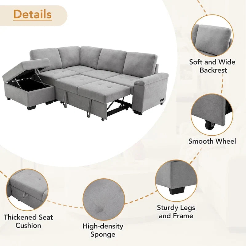 Canapé d'angle convertible 5 places en L 84,75 po avec pouf de rangement, rangement de bras dissimulé et chargement USB pour salon