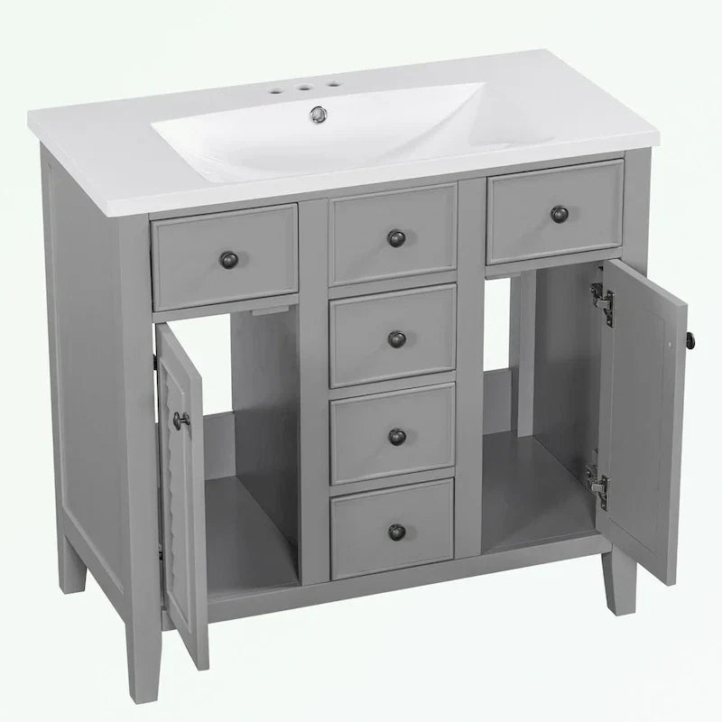 Meuble-lavabo avec vasque en céramique, deux placards et cinq tiroirs