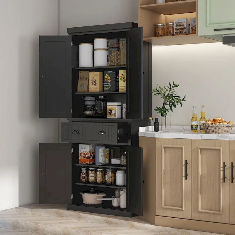 Meuble de rangement de cuisine autoportant traditionnel de 72 pouces avec 4 portes et 3 étagères réglables, grand tiroir central