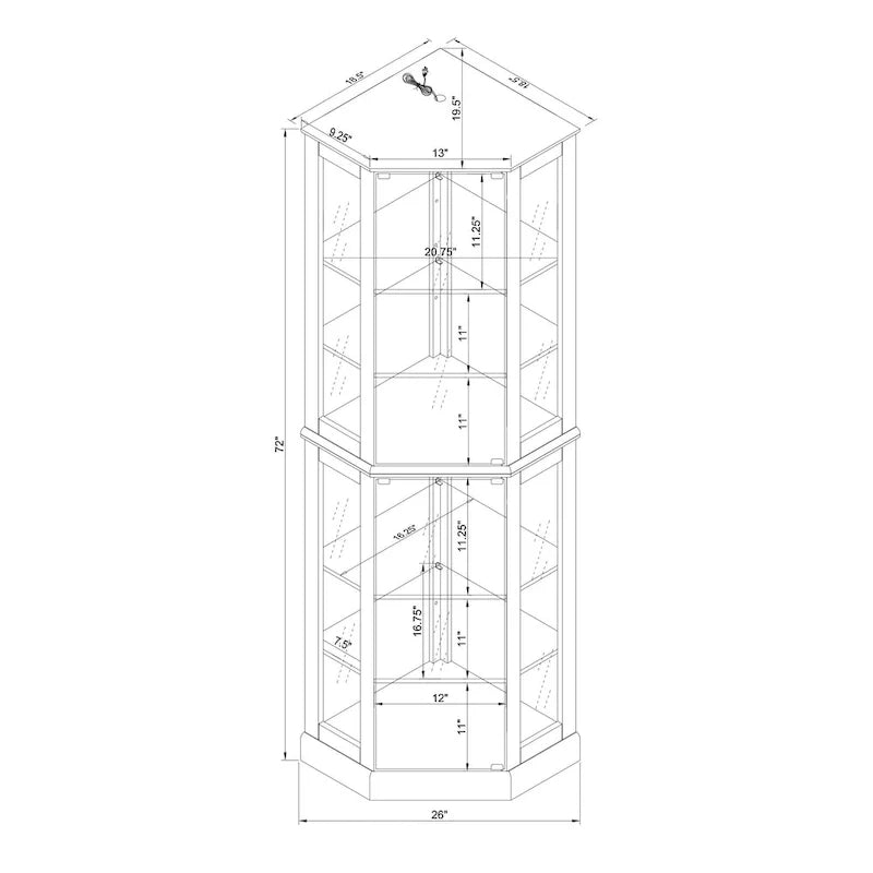 Vitrine d'angle à 6 étagères avec lumières, miroirs et étagères réglables, merisier