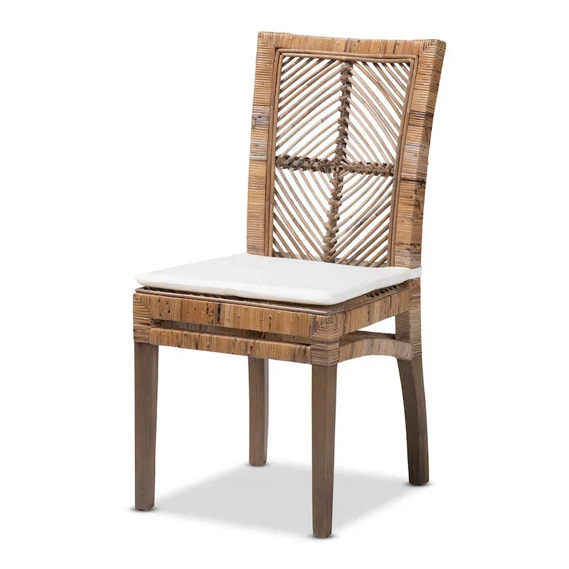 Chaise de salle à manger Laluna en rotin et bois d'acajou de style bohème moderne avec coussin