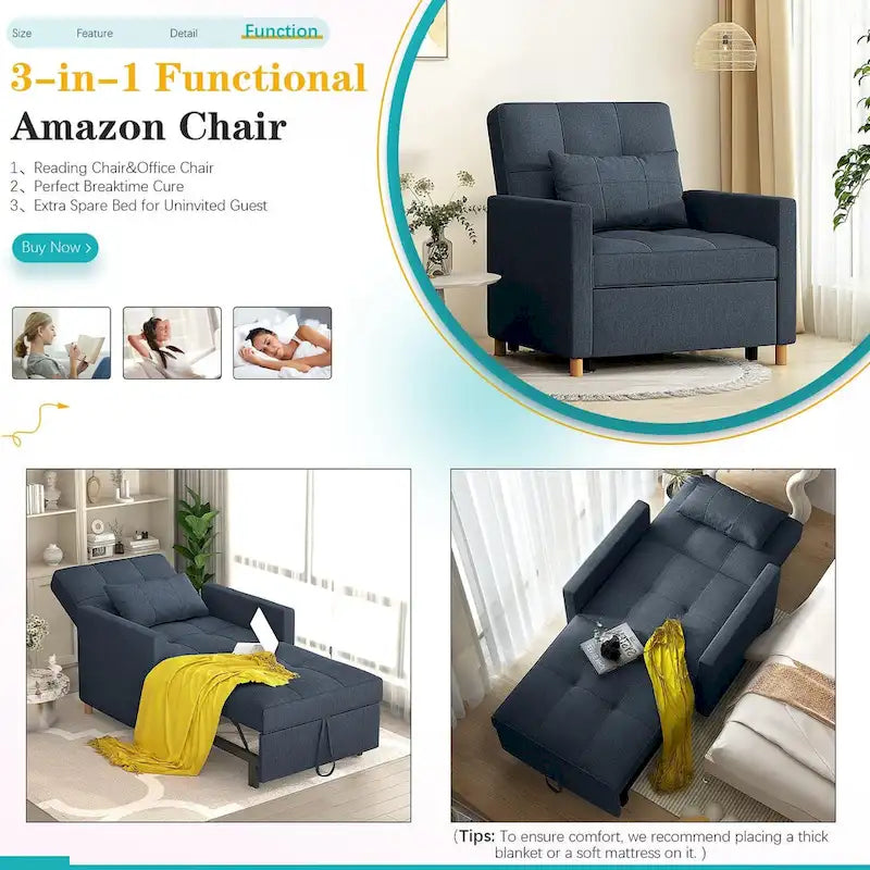 AECOJOY Fauteuil Convertible 3-en-1 avec Oreiller et Dossier Réglable