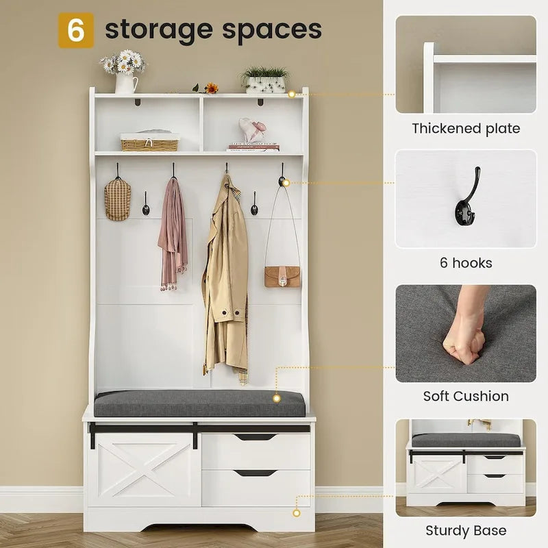 Meuble d'entrée avec banc, rangement à chaussures et patères porte-manteaux, style porte de grange