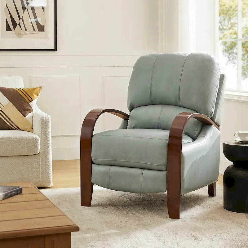 Fauteuil inclinable manuel Alex Mid-century Modern Cigar en cuir véritable avec accoudoirs incurvés en bois