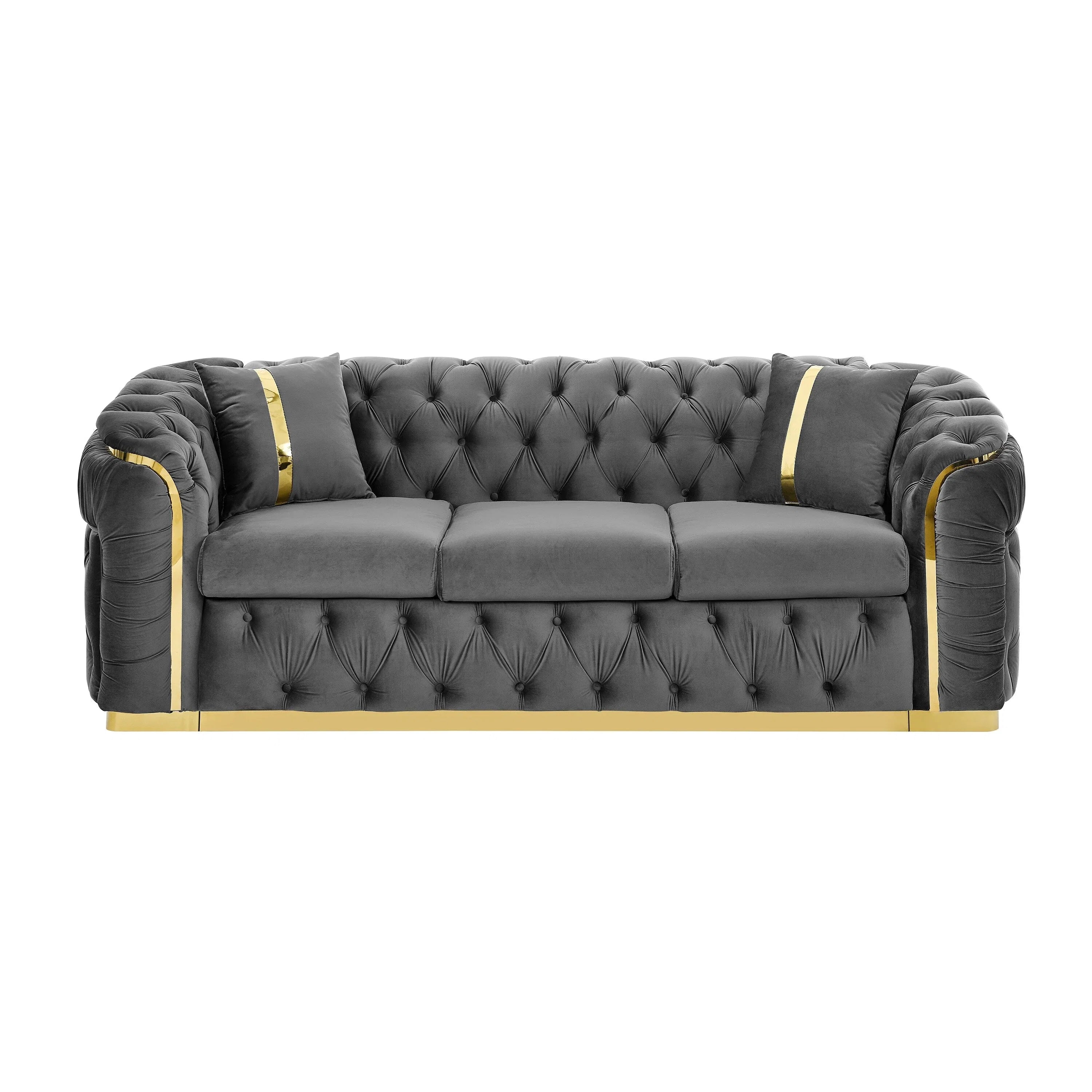 Canapé 3 places Velvet 90,6 po avec 2 oreillers, coussins haute densité, accents dorés et oreillers