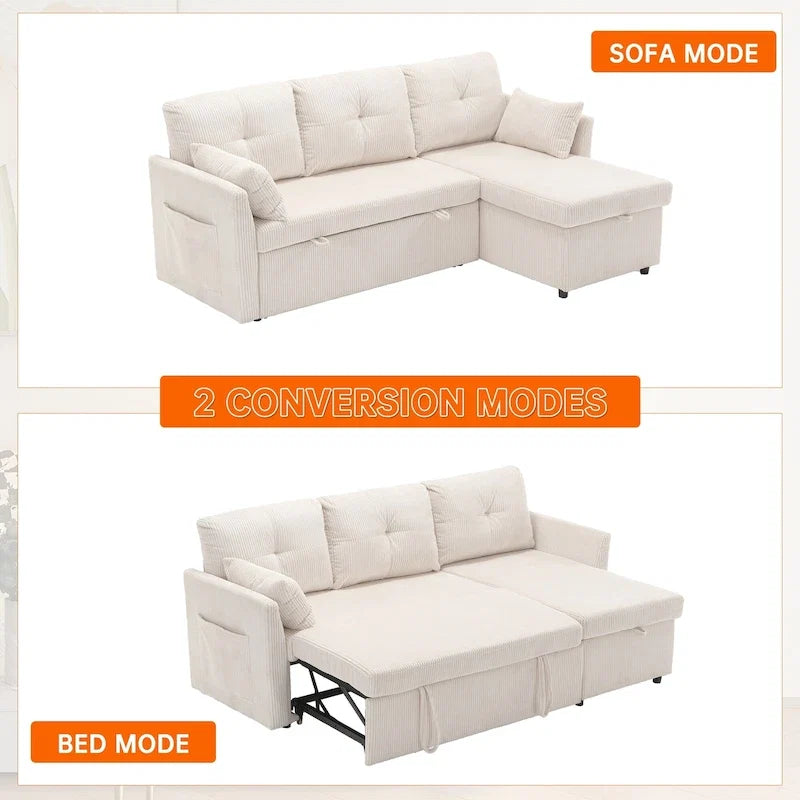 Canapé d'angle réversible en velours côtelé/chenille avec chaise longue de rangement et poche latérale