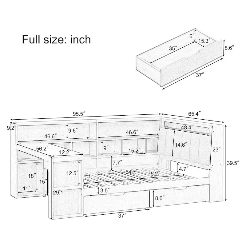 Canapé-lit d'angle en bois en forme de L avec bureau, bibliothèque, lit d'angle avec tiroirs de rangement, tête de lit rembourrée et éclairage intégré
