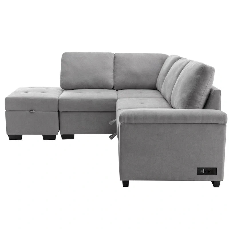 Canapé d'angle convertible 5 places en L 84,75 po avec pouf de rangement, rangement de bras dissimulé et chargement USB pour salon