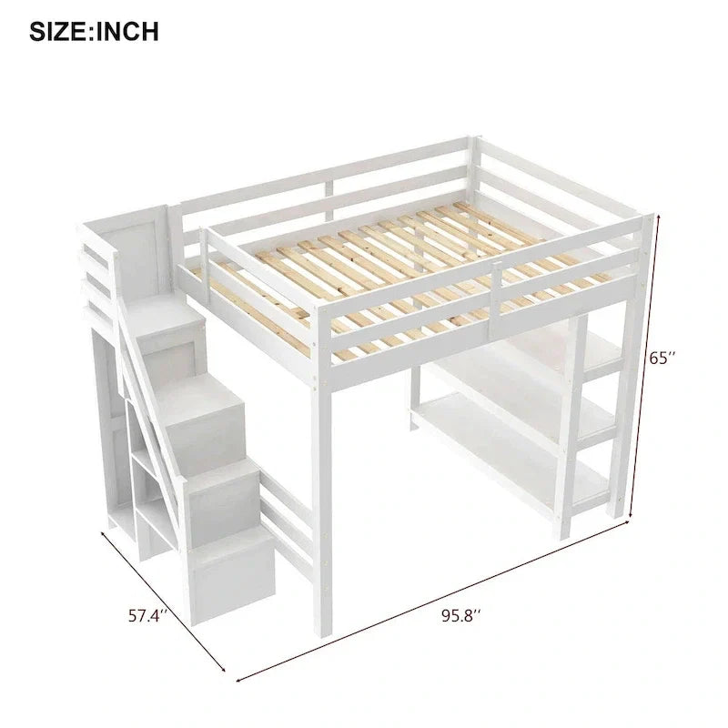 Lit mezzanine simple/double avec escalier de rangement - Étagères, armoire et lumière LED, design peu encombrant