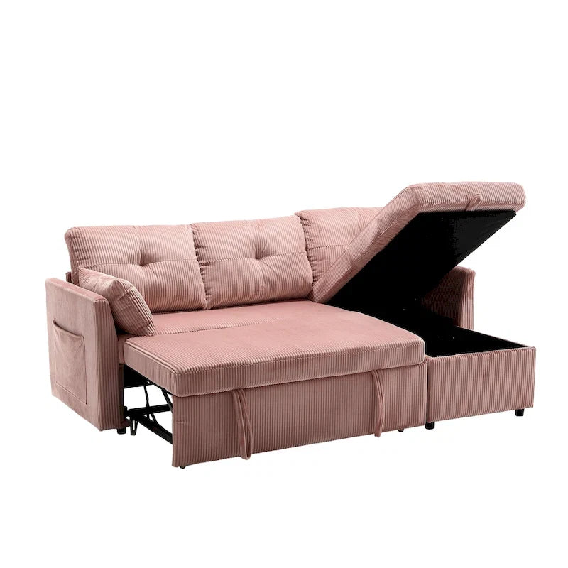 Canapé d'angle réversible en velours côtelé/chenille avec chaise longue de rangement et poche latérale