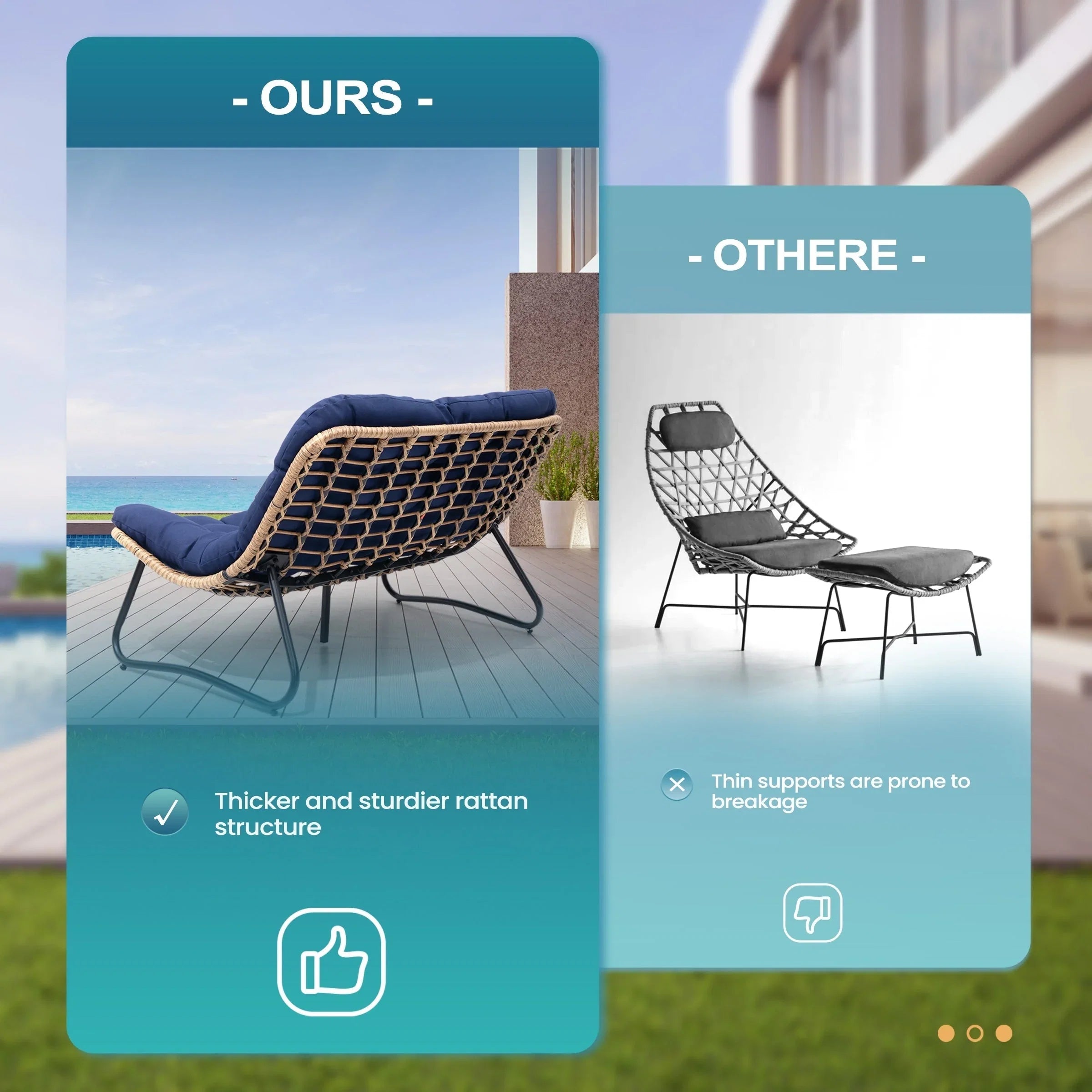 Causeuse double Papasan avec coussin, rotin PE tout temps et cadre en métal pour l'intérieur et l'extérieur