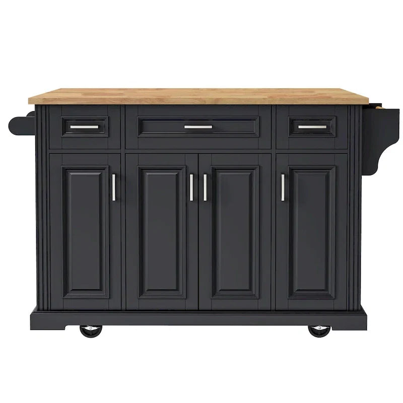 54 Grand îlot de cuisine avec plateau rabattable en bois d'hévéa, chariot de cuisine roulant à texture gaufrée sur 4 roues avec 4 portes et 3 tiroirs